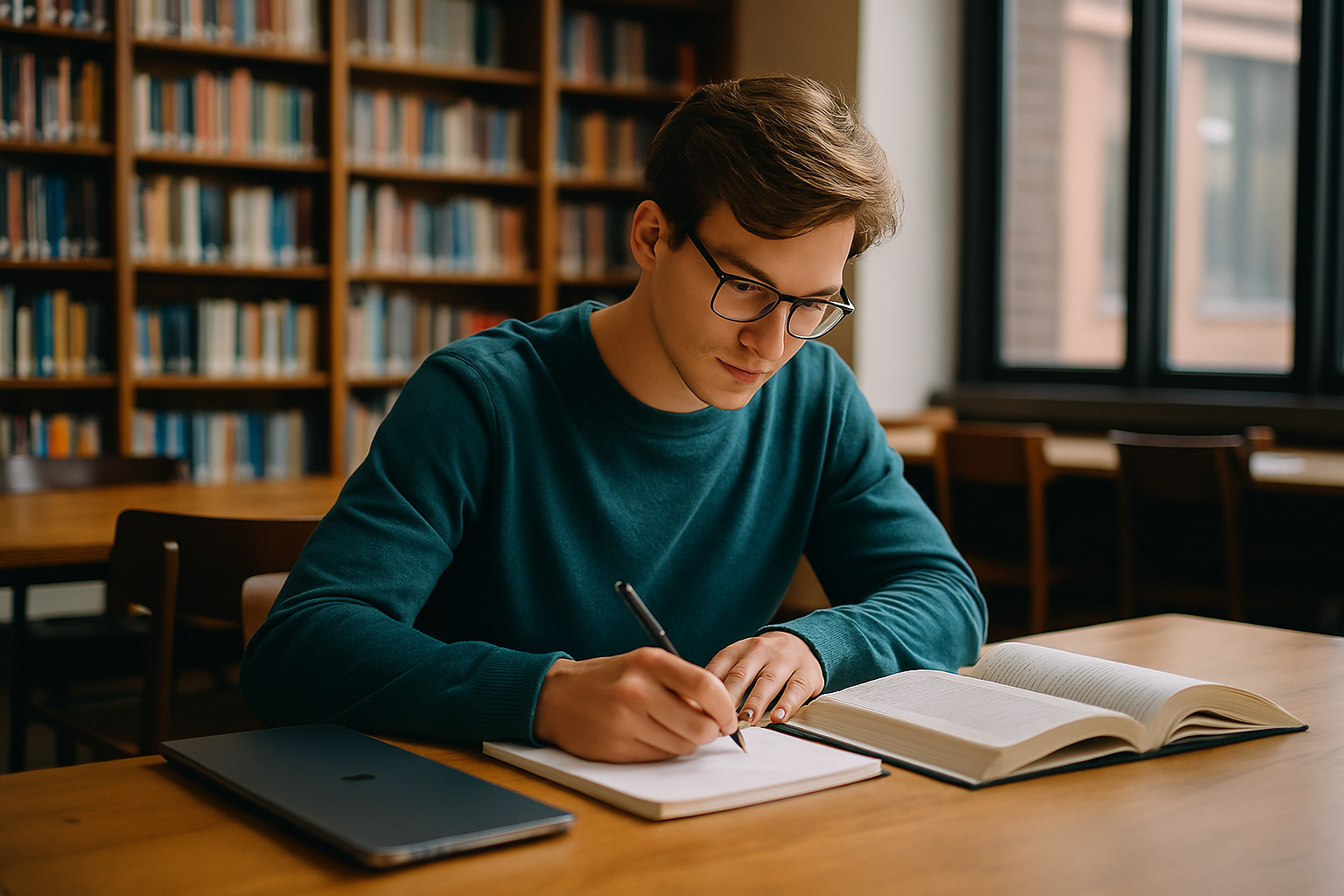 Étudiant en cybersécurité dans une bibliothèque
